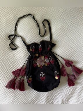 Ulla Johnson Embroidered Tassel Crossbody Bucket Bag Boho Festival Handmade